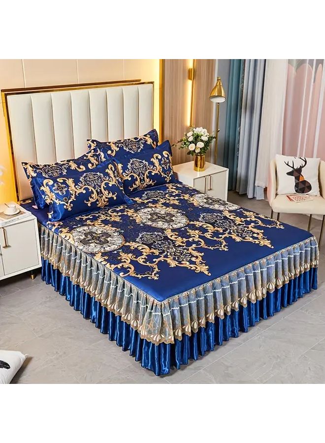 Navy Blue Bed Skirt Set With Lace Trim Floral Print 70 87x78 74 Inch Cooling Polyester - Image 4